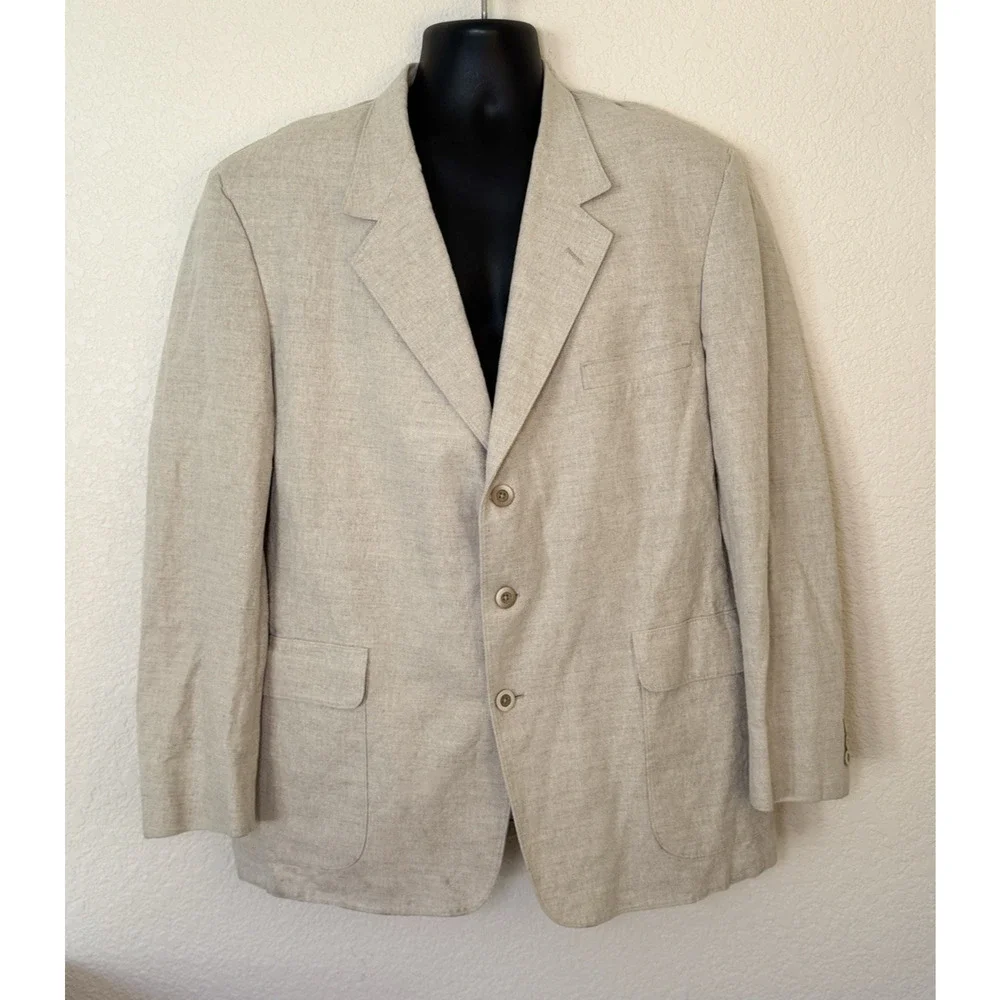 J Peterman Linen Sport Coat 46R Beige Unstructured Vintage USA Old Money